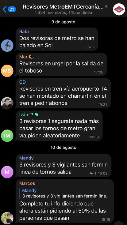 Mensajes en un grupo Telegram que avisan de la presencia de revisores en el Metro de Madrid. 