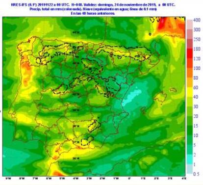 Acumulado previsto de lluvia entre el viernes y el sábado.