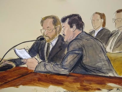 Retrato de archivo de 2019 durante el juicio contra Joaquín 'El Chapo' Guzmán.