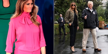 Melania con su camisa ‘pussy bow’ de Gucci en uno de los debates electorales y con los tacones de la discordia en visita a Texas tras las inundaciones.