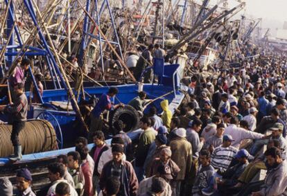 Un grupo de personas espera descargar pescado en el puerto de Agadir, al sur de Marruecos.