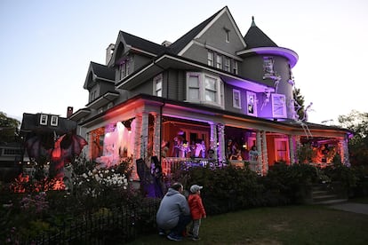 A house decorated for Halloween in New York, United States.