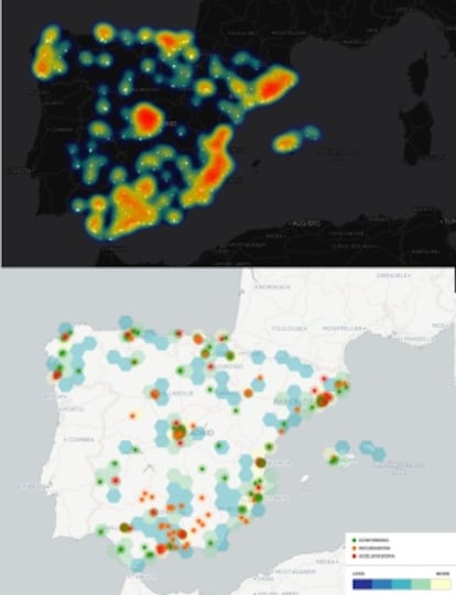 Doble mapa que muestra la densidad de 'start-ups' en España según la región (arriba) y la presencia de aceleradoras, incubadoras y 'coworking' (abajo). Los datos han sido proporcionados por Startupxplore data.