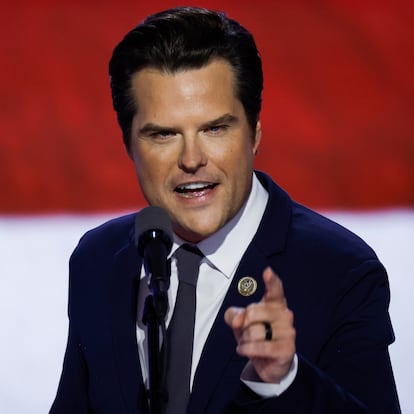 MILWAUKEE, WISCONSIN - JULY 17: U.S. Rep. Matt Gaetz (R-FL) walks on stage on the third day of the Republican National Convention at the Fiserv Forum on July 17, 2024 in Milwaukee, Wisconsin. Delegates, politicians, and the Republican faithful are in Milwaukee for the annual convention, concluding with former President Donald Trump accepting his party's presidential nomination. The RNC takes place from July 15-18.  (Photo by Chip Somodevilla/Getty Images)