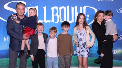 Alec and Hilaria Baldwin with six of their seven children in New York at the premiere of ‘Spellbound’ on November 11, 2024.