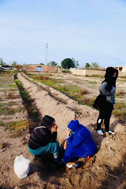 Migrantes, tras ser desalojados del campamento en el cortijo El Uno de San Isidro, en Njar (Almera).