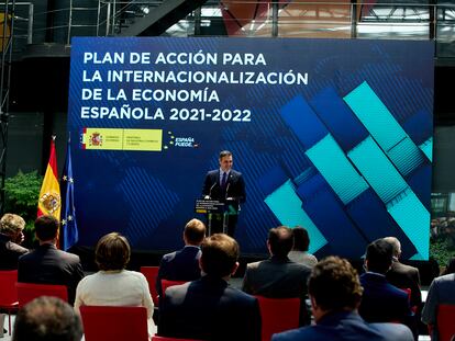 El presidente del Gobierno, Pedro Sánchez, interviene en la presentación del Plan de Acción para la Internacionalización de la Economía Española 2021-2022, en la sede del Instituto de Comercio Exterior (ICEX).
EUROPA PRESS/J. Hellín. POOL