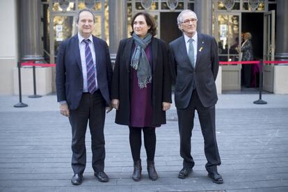 Los tres &uacute;ltimos alcaldes de Barcelona (Jodi Hereu, Ada Colau y Xavier Trias) en un acto de apoyo a la candidatura de Barcelona como sede de le Agencia Europea de Medicamentos 
