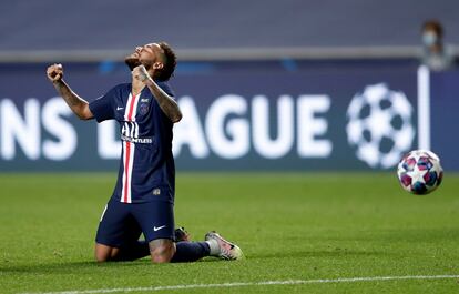 PSG's Neymar celebrates at the end of the Champions League semifinal soccer match between RB Leipzig and Paris Saint-Germain at the Luz stadium in Lisbon, Portugal, Tuesday, Aug. 18, 2020. PSG won the match 3-0. (AP Photo/Manu Fernandez)