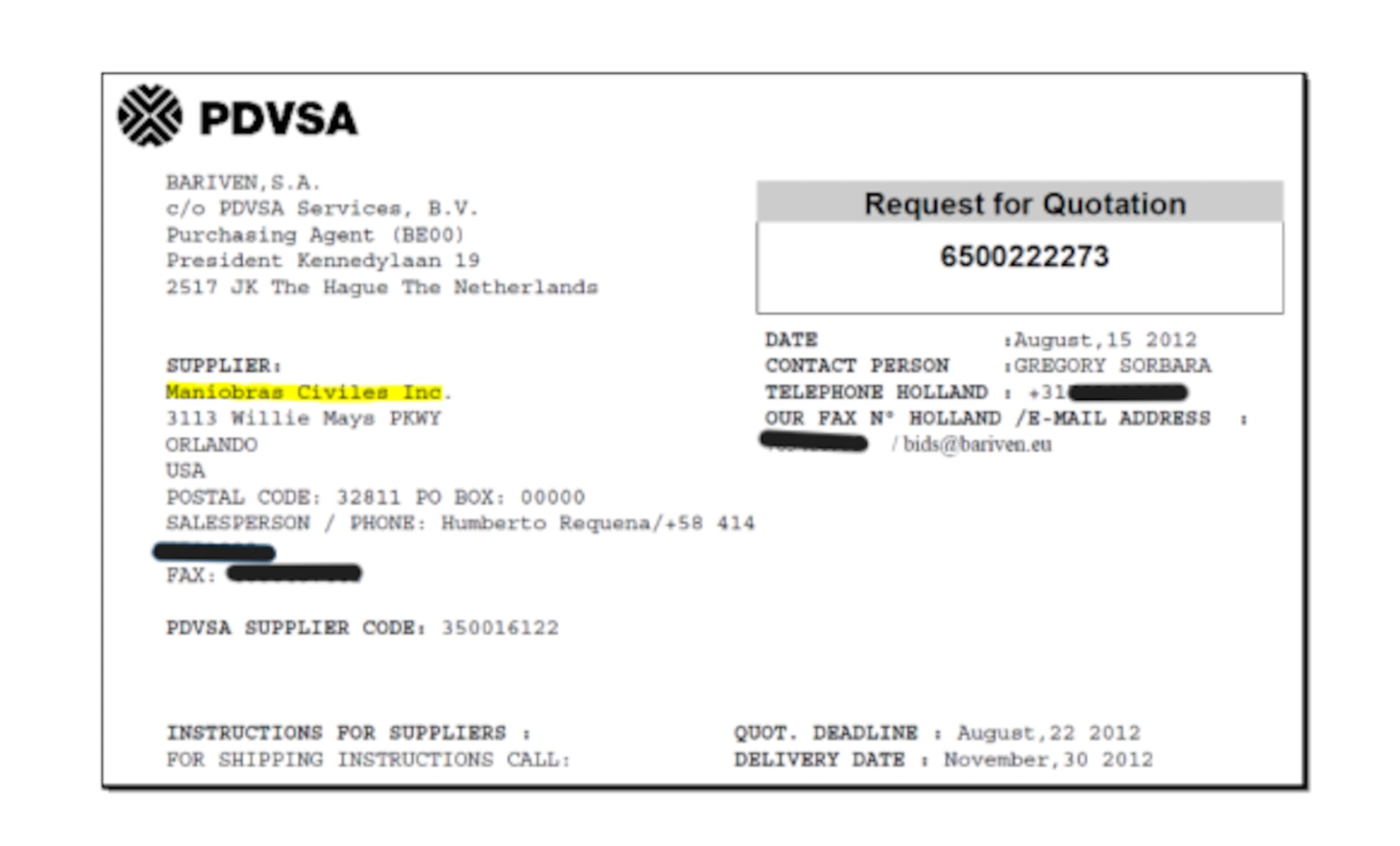 Estracto de una de las compras de la filial de PDVSA recogida en la investigación de la Audiencia Nacional