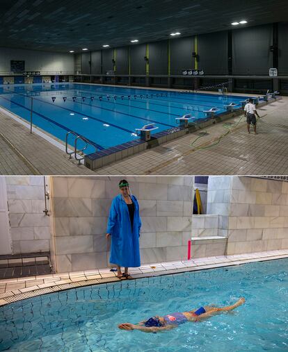 Arriba, la piscina Sant Jordi, cerrada al público. Abajo, Paloma da clases de natación a Daniela en el gimnasio Arian en Madrid.