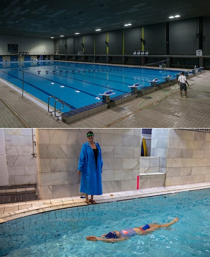 Arriba, la piscina Sant Jordi, cerrada al público. Abajo, Paloma da clases de natación a Daniela en el gimnasio Arian en Madrid.