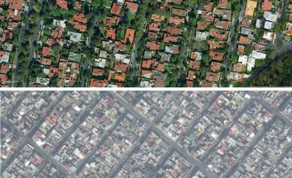 La Ciudad de México vista desde el aire en tiempo de secas. Arriba, Bosques de las Lomas, en el poniente. Abajo, Ciudad Nezahualcóyotl, al oriente.