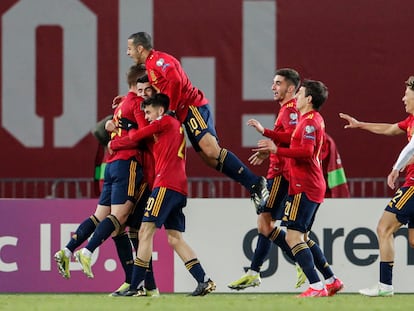 Los jugadores de España celebran el gol de Dani Olmo que supuso el triunfo en el último minuto ante Georgia. / (EFE/EPA)