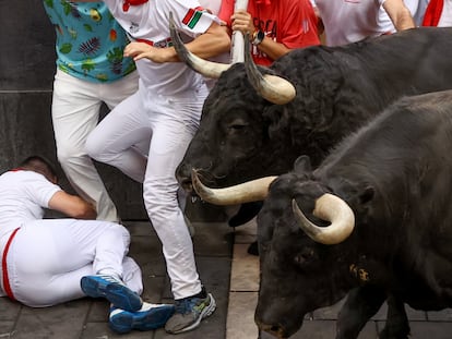 Los toros de la ganadería de Domingo Hernández a su paso por la curva de Mercaderes en el quinto encierro de los Sanfermines, este jueves en Pamplona.