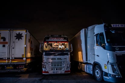 Trucks parked in a service station in October.