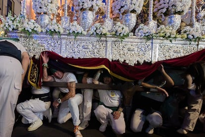 Throne bearers or 'costaleros' at a procession in Madrid.