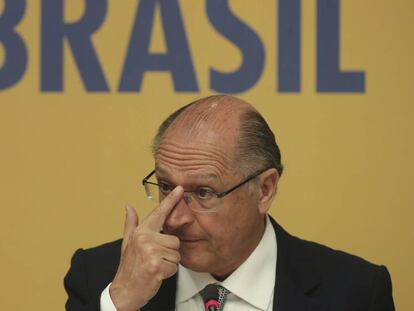 Geraldo Alckmin durante coletiva nesta segunda-feira em Brasília. 