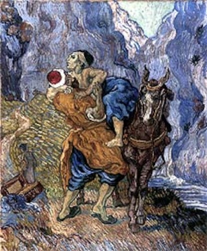 A la derecha, recreación de Van Gogh en 1881 de <i>El sembrador,</i> de Jean-François Millet (de 1850, a la izquierda), en el Museo Van Gogh de Amsterdam. Abajo, <i>El buen samaritano (según Delacroix)</i>, pintado por Van Gogh en 1890.

<i>El buen samaritano (según Delacroix), </i>pintado por Van Gogh en 1890.