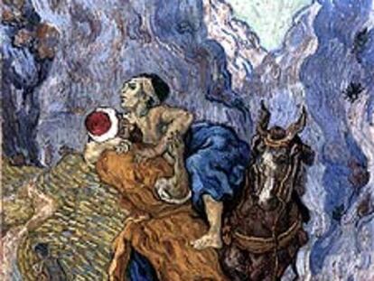 A la derecha, recreación de Van Gogh en 1881 de <i>El sembrador,</i> de Jean-François Millet (de 1850, a la izquierda), en el Museo Van Gogh de Amsterdam. Abajo, <i>El buen samaritano (según Delacroix)</i>, pintado por Van Gogh en 1890.
<i>El buen samaritano (según Delacroix), </i>pintado por Van Gogh en 1890.