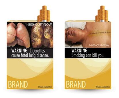 Imagen facilitada por la FDA en la que se muestran dos de las nueve imágenes de advertencia sobre las consecuencias del consumo del tabaco que tendrán que incluir las cajetillas de cigarrillos.