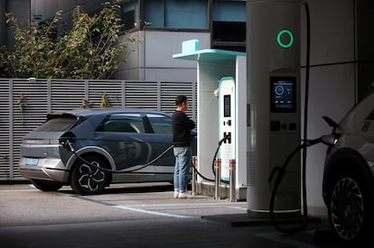 A Hyundai Ioniq 5 electric vehicle is charged at Chaevi Stay Charging Station in Seoul, South Korea, October 18, 2023