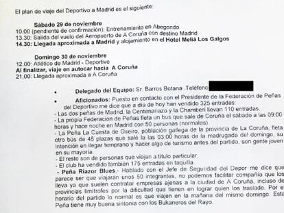 Correo remitido por el inspector de polic&iacute;a que coordina los espect&aacute;culos deportivos de A Coru&ntilde;a a la Oficina Nacional del Deporte (del que se han borrado datos personales)