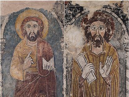 Dos de los paneles encontrados en una colección particular de Suiza, arrancados de las pinturas murales de la iglesia de Sant Llorenç d’Isavarre, en Lleida. A la izquierda, una figura de un apóstol sin identificar y a la derecha el apóstol Santiago.