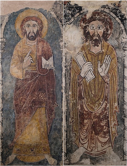 Dos de los paneles encontrados en una colección particular de Suiza, arrancados de las pinturas murales de la iglesia de Sant Llorenç d’Isavarre, en Lleida. A la izquierda, una figura de un apóstol sin identificar y a la derecha el apóstol Santiago.