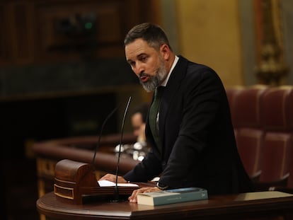 El presidente de Vox, Santiago Abascal, durante una intervención en el Congreso.