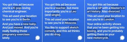 Algunos de los anuncios que visualizó Signal sobre cómo Facebook e Instagram organizan los datos en sus redes.