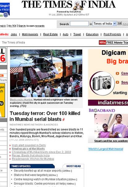 &#39;Martes de Terror: Más de 100 muertos en una serie de explosiones en Mumbay"&#39;
Así titula el diario indio su información, en la que destaca que las explosiones han ocurrido justo en la hora punta.