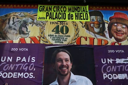 Pablo Iglesias, líder de Podemos, en un cartel de la campaña electoral en Madrid.