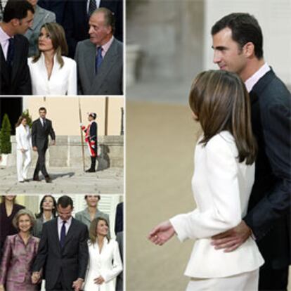 El príncipe Felipe conversa con el Rey en presencia de su prometida, Letizia Ortiz. Los novios, ante la puerta del palacio de El Pardo. El príncipe Felipe coge la mano de su madre, la reina Sofía, y de su novia. En la fotografía de la derecha, don Felipe abraza a Letizia Ortiz por la cintura.