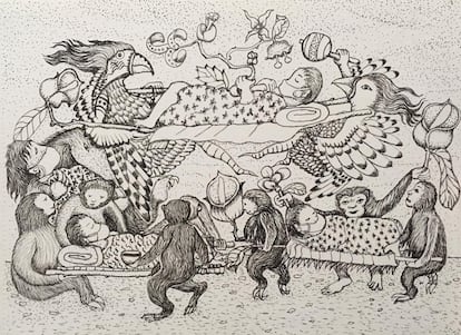 Uno de los cuadros del artista indígena Brus Rubio al carboncillo en el que plasma la tragedia actual de la pandemia y el vínculo entre hombre y naturaleza.