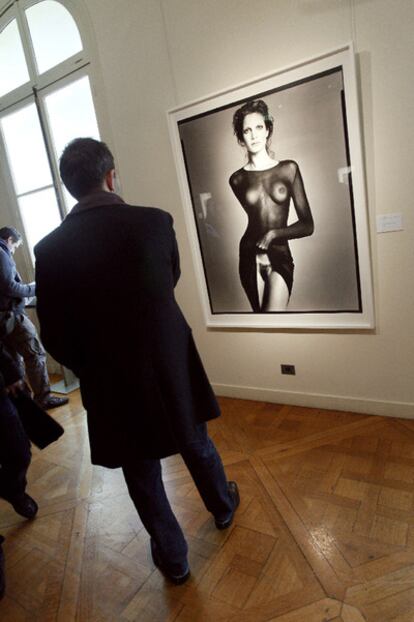 La imagen provocativa de la modelo Stephanie Seymour descubriéndose el sexo se ha adjudicado por 265.000 euros en una subasta en París.