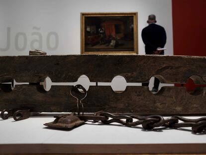 Rijksmuseum in Amsterdam during the exhibition "Slavery" shows multiple foot stocks for constraining ensclaved people
