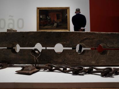 Rijksmuseum in Amsterdam during the exhibition "Slavery" shows multiple foot stocks for constraining ensclaved people