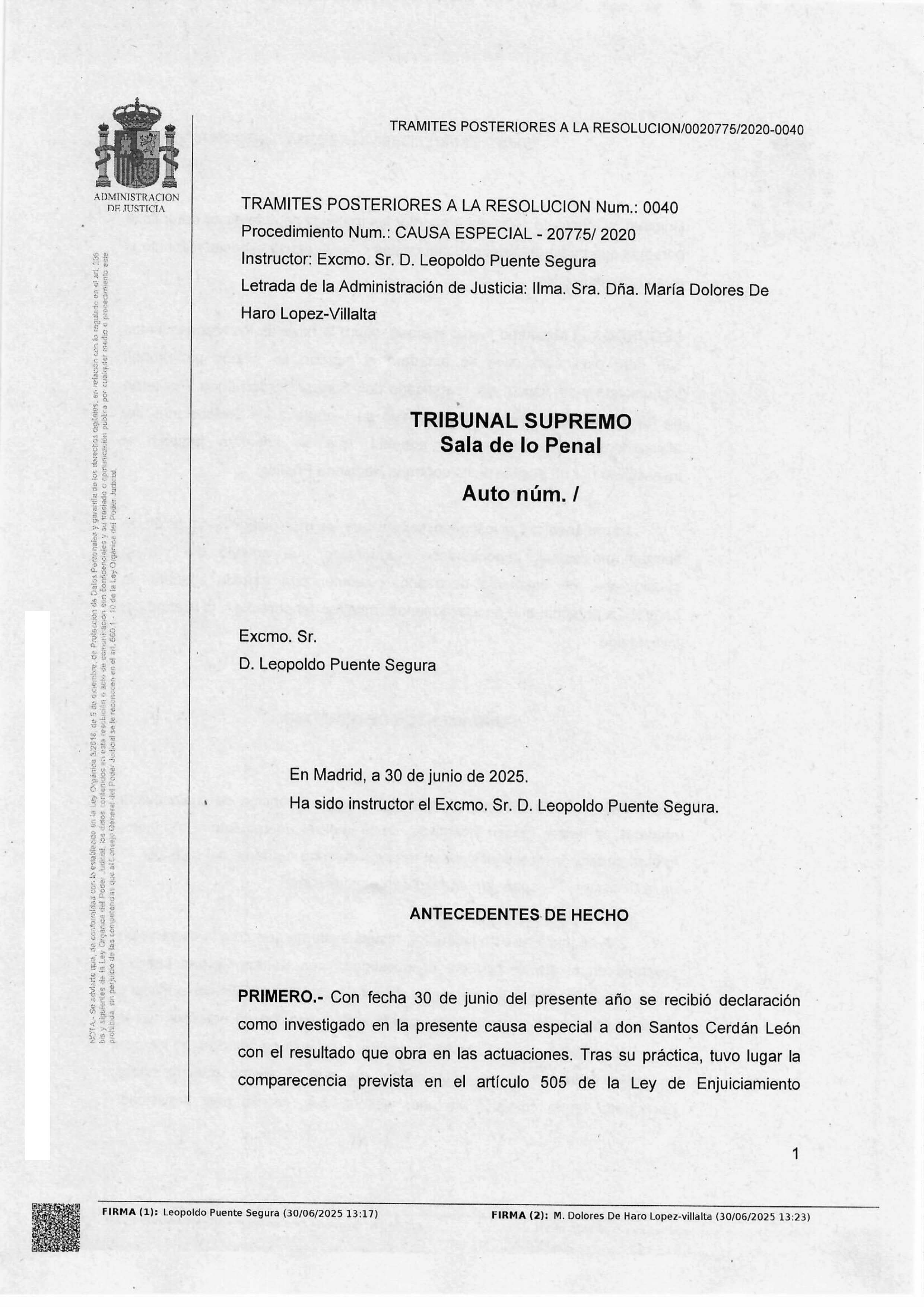 Consulte el auto íntegro del juez contra Cerdán