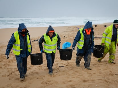 Operarios retiran pellets en una playa del Parque Natural de Corrubedo, en A Coruña, este martes.