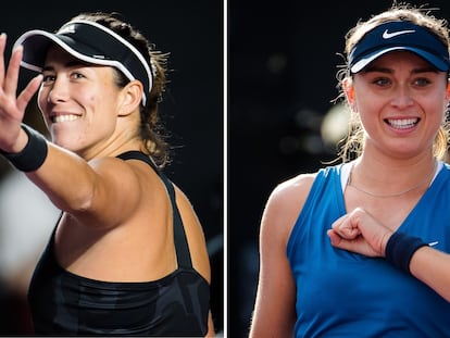 Garbiñe Muguruza (izquierda) y Paula Badosa celebran una victoria en la fase de grupos. / AFP