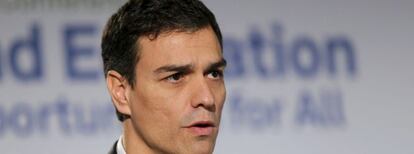 El secretario general del PSOE, Pedro S&aacute;nchez, durante su intervenci&oacute;n en la Conferencia de la Alianza Progresista que se celebra en Lisboa.