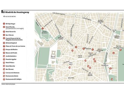 Plano con los lugares que frecuentaba en Madrid el premio Nobel estadounidense.