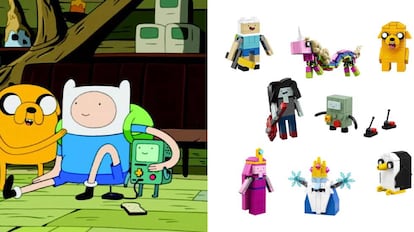 A la izquierda, imagen de la serie animada cuenta las hazañas de Jake el Perro y Finn el Humano. A la derecha, varias figuras de Lego inspiradas en la serie.