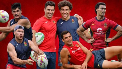 Varios de los jugadores y el entrenador de la selección española masculina de rugby 7