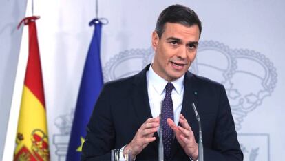 Pedro Sánchez en una rueda de prensa en el Palacio de la Moncloa.