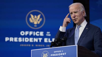 President-elect Joe Biden speaks at The Queen theater in Wilmington, Del., Wednesday, Jan. 6, 2021. Biden has called the violent protests on the U.S. Capitol