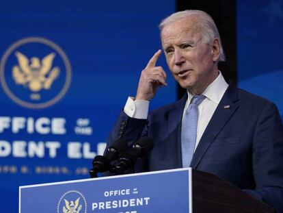 President-elect Joe Biden speaks at The Queen theater in Wilmington, Del., Wednesday, Jan. 6, 2021. Biden has called the violent protests on the U.S. Capitol 