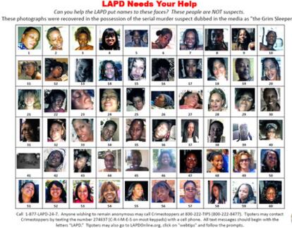 Cartel de la policía de Los Ángeles con las fotos de las 160 posibles víctimas.