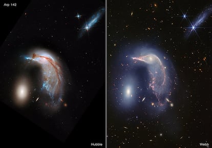 Comparación de dos imagenes de Arp12. A la izquierda, tomada por el Telescopio Espacial 'Hubble' en 2013. A la derecha la nueva versión del 'James Webb'.